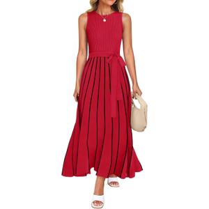 ZESICA Women's Summer Sleeveless Maxi Dress 2025 Crewneck Ribbed Knit Tie Waist Casual A Line Sweater Dresses (Medium, Red)