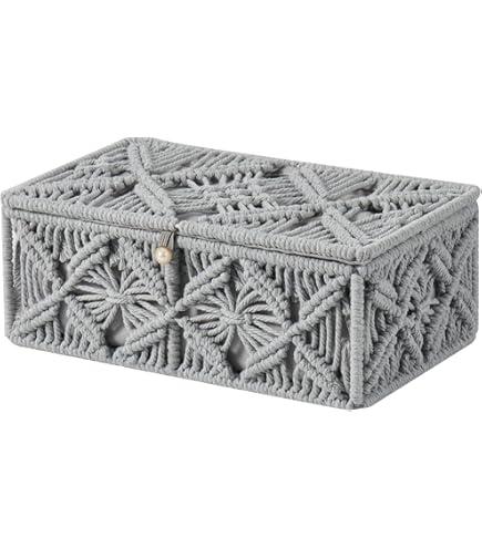 VinneGenzz Decorative Boho Storage Baskets with Lid Bohemian Macrame Jewelry Box Handmade Natural Cotton Rope Woven Bins Memory Keepsake Photo Makeup Organizer Shelf Container (Gray, Small)