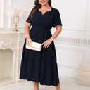 Womens Plus Size Wedding Guest Dresses Summer V Neck Short Sleeve Belted Ruffle Hem A-Line Flowy Midi Dress (Blue, XXXL)