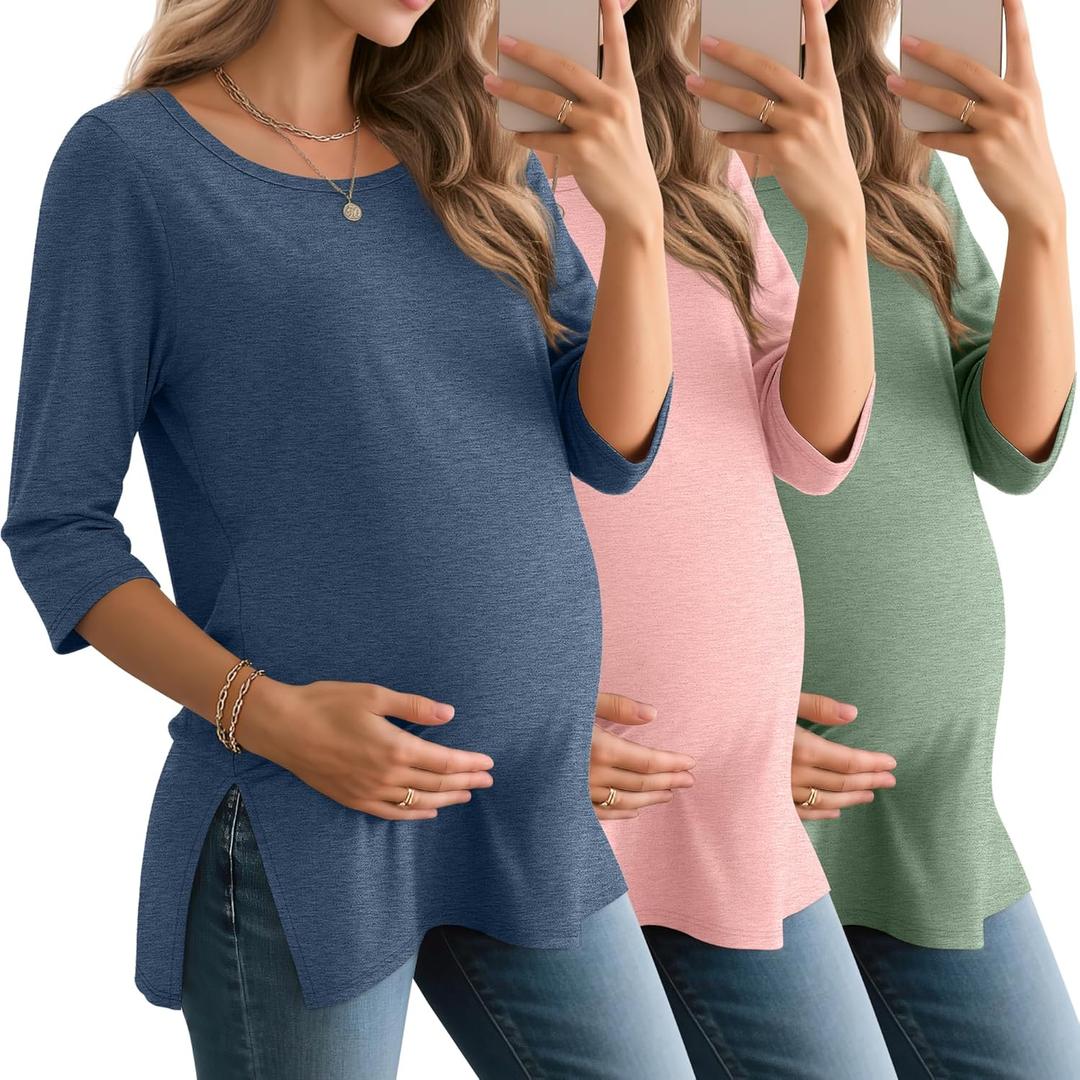 3 Pack Women's 3/4 Sleeve Maternity Shirts Elbow Length Clothes Round Neck Tunics Pregnancy Loose Side Split Tops (X-Large, Gray Blue, Light Pink, Light Green)