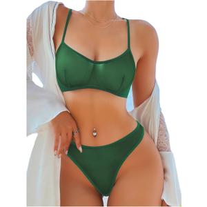 SOLY HUX Women's Mesh Solid Sheer See Through Lingerie Set Sexy Lace Bra and Panty 2 Piece (Medium, Dark Green)