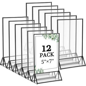 Floroom 12 Pack 5x7 Inch Clear Acrylic Sign Holders, Double-Sided Black Display Stand Picture Frames for Table Numbers, Menus, Flyers, Weddings, and Offices,Black, 5" x 7"- 12 Pack