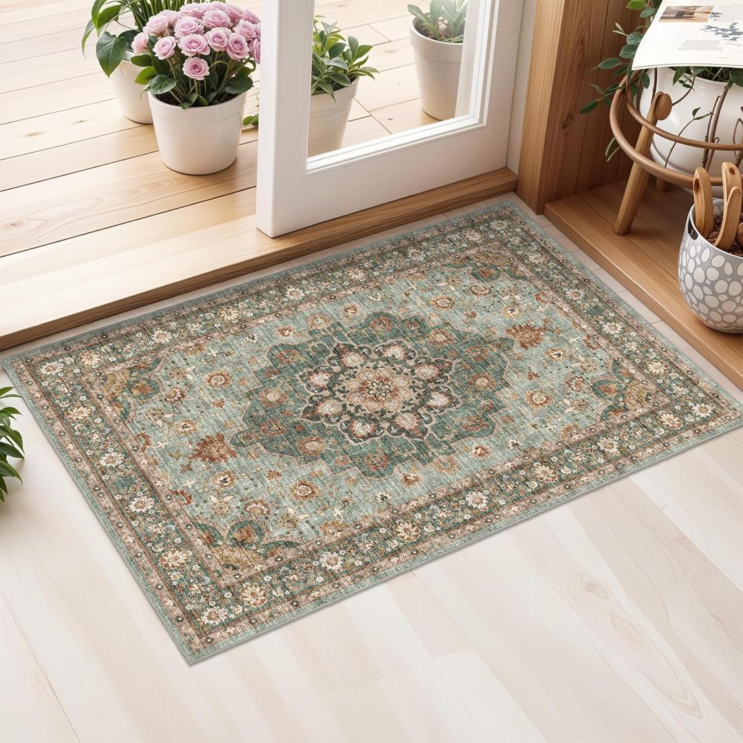 Washable Oriental Area Rug - 2x3 Rugs for Living Room Soft Carpet for Bedroom Waterproof Floral Distressed Indoor Stain Resistant Non-Shedding Floor Carpets 