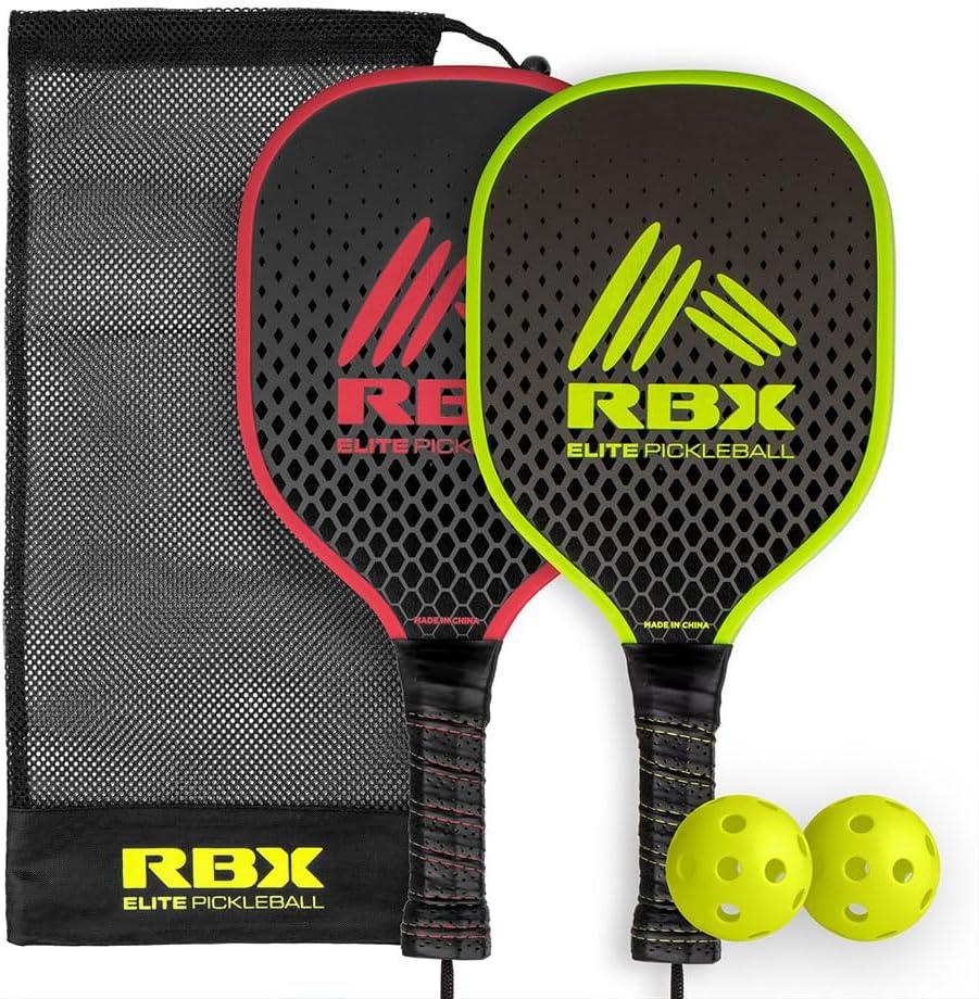 RBX Pickleball Equipment Set (2 Pack 2 Paddles, 2 Balls) Pickleball Game for Kids Premium Wooden Paddles, Ergonomic Grip Design, Durable, X-40 Outdoor Balls (Red/Volt Frame)