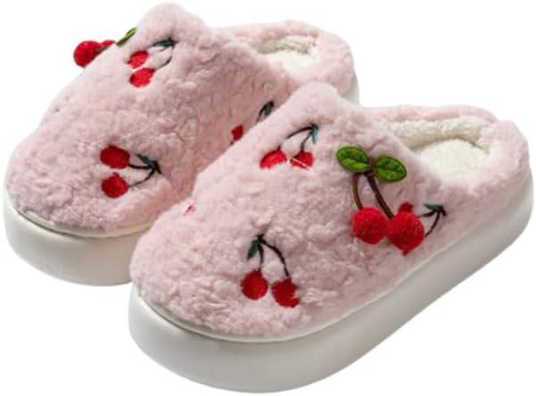 Cherry Slippers For Women Men Cozy Winter Warm Fuzzy Slippers House Slides Shoes Non Slip Cozy Home Bedroom Shoe (Pink), Size 5-6