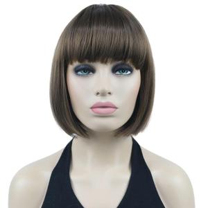 Lydell 8" Straight Short Bob Wigs Heat Resistant Synthetic Hair Flat Bangs Cute Central Dot Skin (10 Medium Golden Brown)
