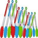 9 Pieces Silicone Tongs for Cooking 7,9,12 inches Kitchen Tongs with Silicone Tip Stainless Steel Heat Resistant Cooking Tongs for Food Grill Salad BBQ Frying and Serving, 3 Color (red,green,blue)