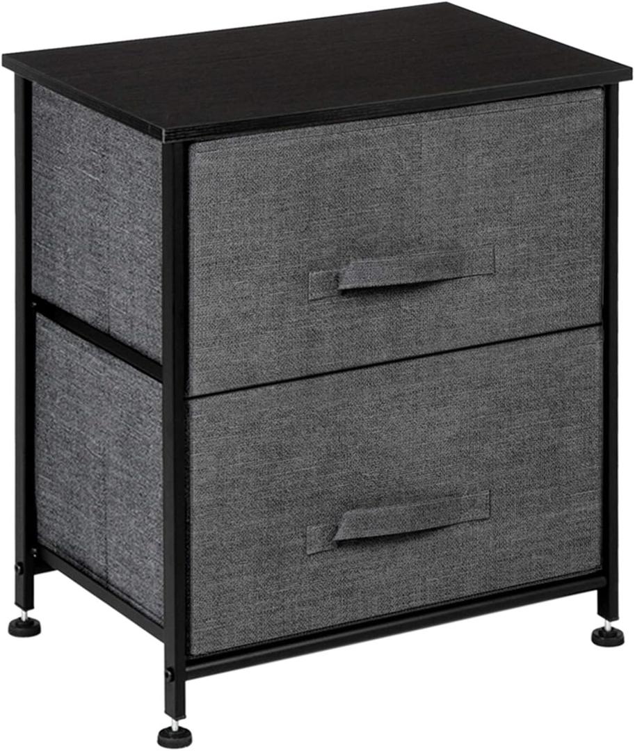 Night Stand Furniture Unit with 2 Drawers,End Table Storage Tower,Sturdy Steel Frame, Wood Top, Easy Pull Fabric Bins Organizer Unit for Bedroom, Hallway, Entryway, Closets (Grey)