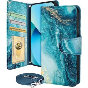 Buleens for Samsung Galaxy S23 Wallet Case for Women - with Card Holder S23 Flip Case Leather Crossbody Cute Aesthetic Galaxy S23 Case with Strap Kickstand for Girls Girly, Dark Blue Marbled