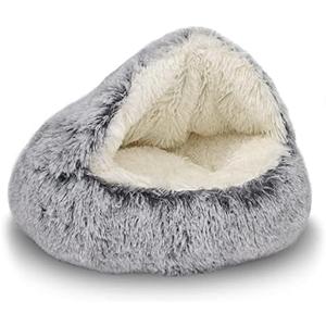ShinHye Cat Bed Round Plush Fluffy Hooded Cat Bed Cave, Cozy for Indoor Cats or Small Dog beds, Soothing Pet Beds Doughnut Calm Anti-nxiety Dog Bed - Waterproof Bottom Washable (20×20inch, Grey)