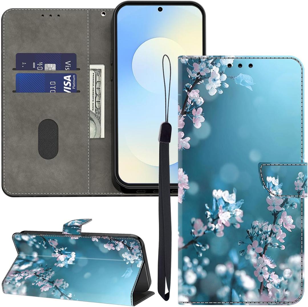 ALILANG for Samsung Galaxy S25 Case/Samsung Galaxy S24 Case, Flip PU Leather Magnetic Protective Cover with Credit Card Holder for Galaxy S24 5G Phone Cases -Plum Blossom