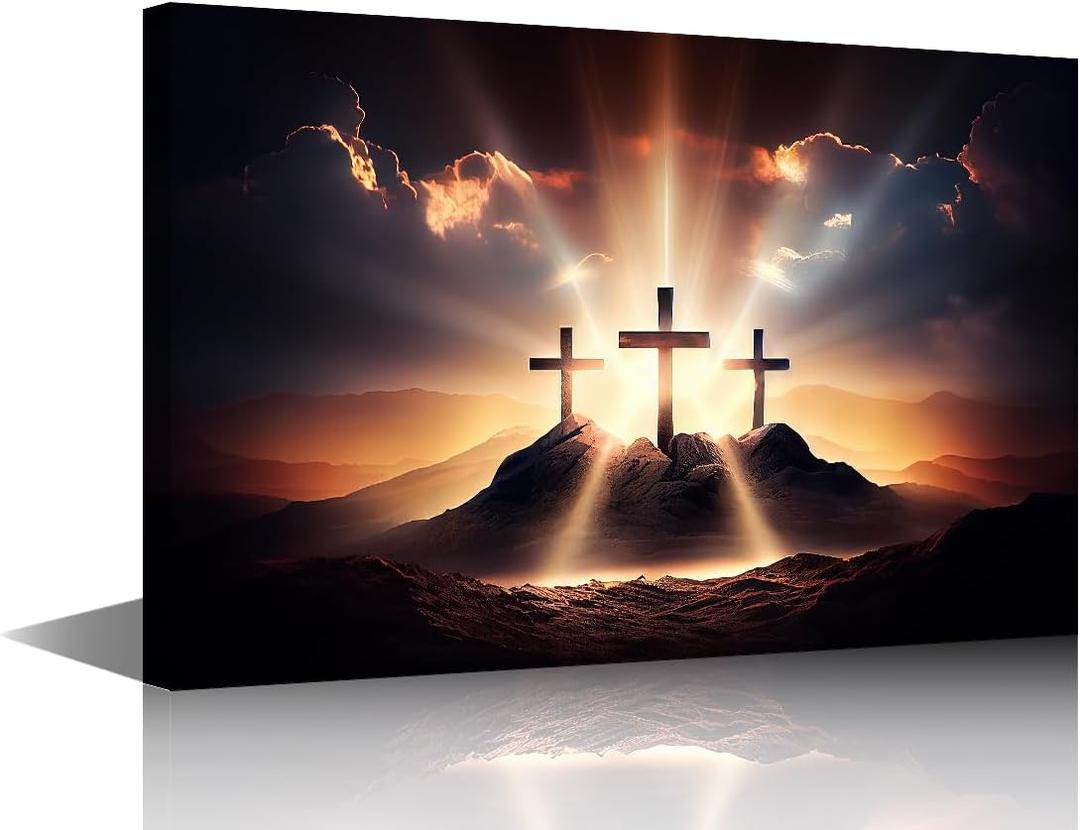 Jesus Three Cross Paintings Extra Large Wall Pictures for Living Room Black and White Artwork Framed 1 Panel Artwork Print on Canvas Home Decor Modern Gallery-wrapped Ready to Hang 36x24 In