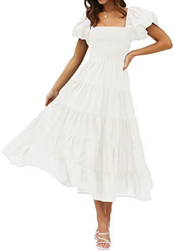 ZESICA Women's 2025 Summer Square Neck Short Puff Sleeve Solid Color High Waist Casual Smocked Flowy A Line Tiered Midi Dress, Medium