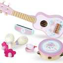 Kids Guitar for Girls, Wooden Musical Instruments Toys with Ukulele, Tambourine, Maracas, Harmonica, Mini Band Sets for Toddlers 2 3 Years Old Birthday Gift (Pink for Girls)