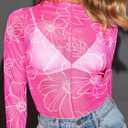 Women's Sheer Floral Long Sleeve Layering Top Ruffled Mock Neck Sheer Blouse for Casual Brunch Party Club Night Date Outfits (Medium, Floral Hot Pink)