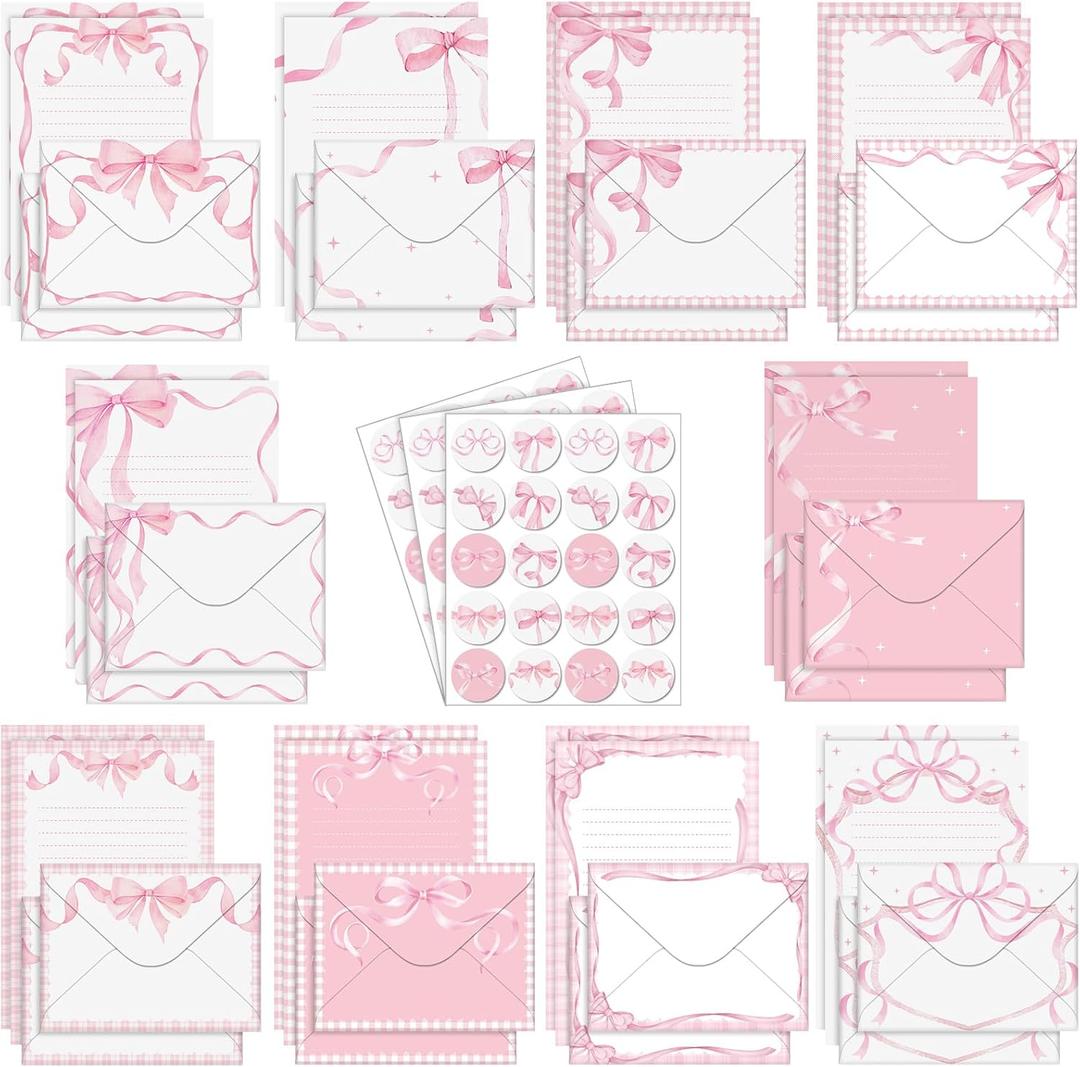 TaoBary 160 Pcs Stationery Paper Set 50 Double Sided Stationery Papers with 50 Matching Envelopes and 60 Round Dot Sticker, 10 Design(Pink Bow,5.5 x 8.25 Inch)