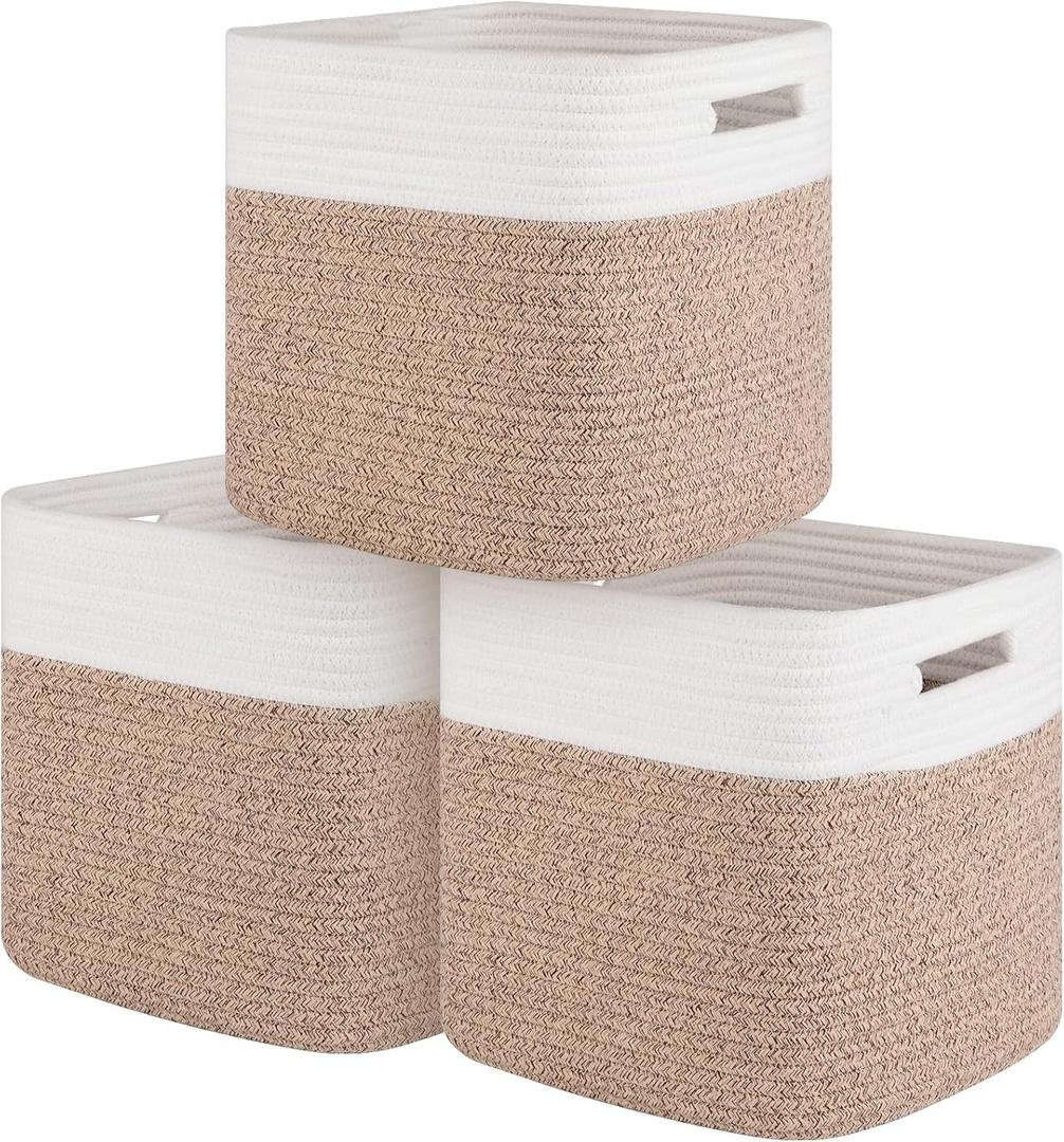 Storage Cubes 11 Inch Cotton Rope Woven Baskets for Organizing, 3-Pack Cube Storage Bin | Square Baskets for Shleves, Closet, Baby Nursery Bins, Variegated Brown