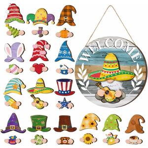 Qunclay Interchangeable Wooden Gnome Decor Holiday Seasonal Gnome Decorations with Magnet Pieces and Detachable Hats Changeable Welcome Sign for Home(Antique Style)