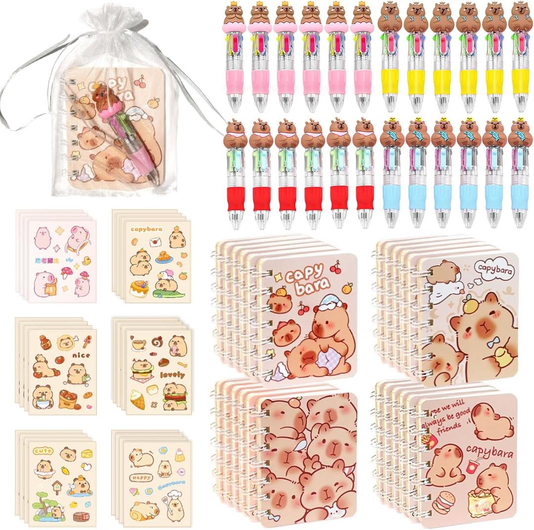 96 Pcs Capybara Gifts Bulk,4-in-1 Ballpoint Pens,Stickers,Notepads,Organza Bulk Gifts Set for Birthdays and Parties, Teachers School Office Party Favor Supplies