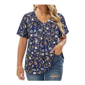 TIYOMI Women Plus Size Short Sleeve Tunic Tops Round V Neck Casual Shirts Summer Blouses 4XL