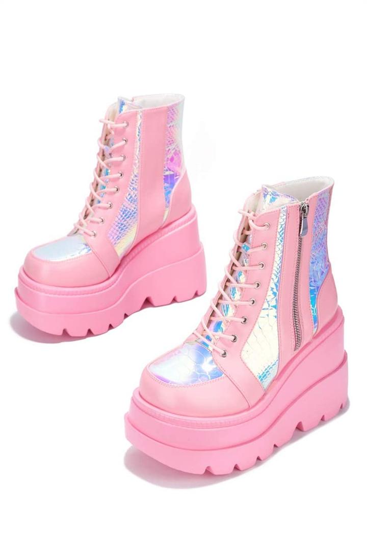 Cape Robbin Radio Holographic Platform Ankle Boots with Chunky Block Heels for Women Size 9