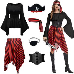 Pirate Costume Women Renaissance Shirt Dress with Head Scarf Halloween Pirate Queen Outfit, Black, Medium(36)