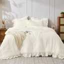JOLLYVOGUE Ivory Comforter Full Size, 3 Pieces Seersucker Lightweight Full Size Bedding, All Season Fluffy Microfiber Bedding Comforter Set with 1 Ruffle Comforter and 2 Ruffle Pillowshams