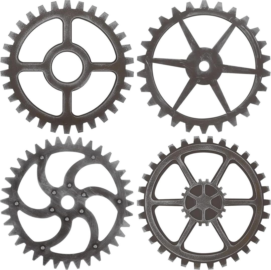 Yulejo 4 Pieces Wooden Industrial Steampunk Style Gear Wheel Wall Decoration 10 Inch Vintage Wooden Gear Combination Farmhouse Hanging Wall Decor for Home Wall Bar Decor Art Craft Wall Decor (Silver)