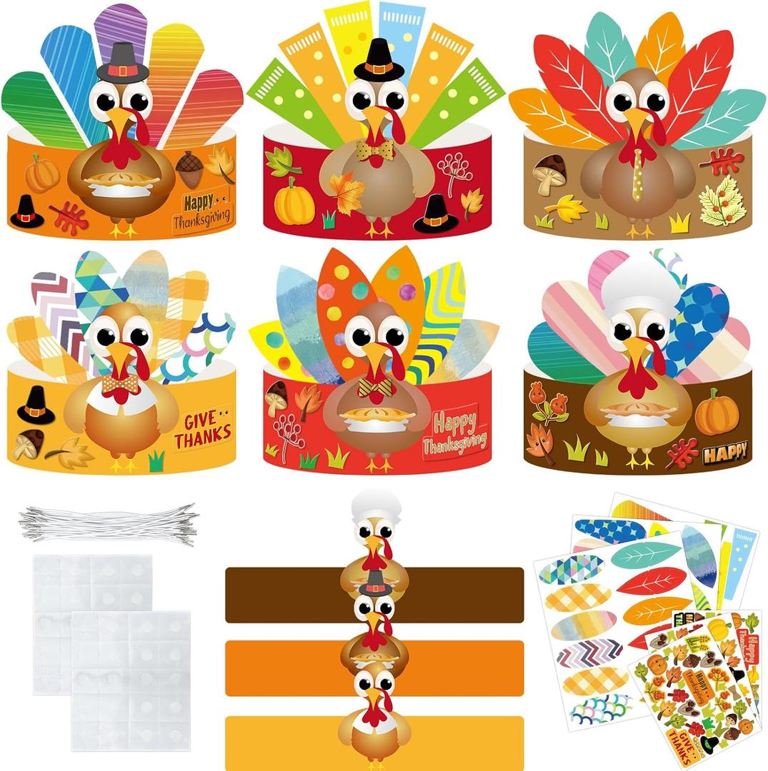 Fancy Land 24 Pack DIY Turkey Craft Kits Kids Thanksgiving Turkey Hats Create Your Own Turkey Crowns Headband for Kids Adults Classroom VBS Party Supply