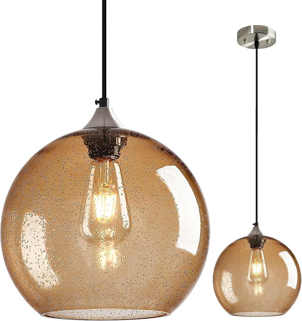 Light Brown Glass Pendant Lights Kitchen Island Globe Pendant Light Fixtures Modern Pendant Lighting for Bedroom Living Dining Room Light Fixture (9.84 in, 1 Pack)