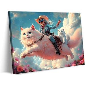 Eclectic Western Cowgirl Canvas Wall Art Whimsical Cowgirl Pink Cat Rider Wall Decor Pictures Surreal Funny Cute Cat Trendy Animal Poster Print Funky Maximalist Home Decoration 12x16in