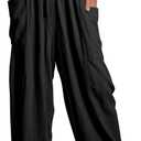 Kissonic Womens Wide Leg Pants Casual Drawstring Summer Palazzo Harem Pants (Black, XL)