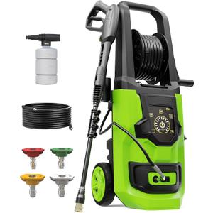 Pressure Washer, Power Washer Adjustable Touch Screen with 35FT Power Cord, 20FT Hose, 4 Nozzles for Driveways Furniture or Cars, Olive