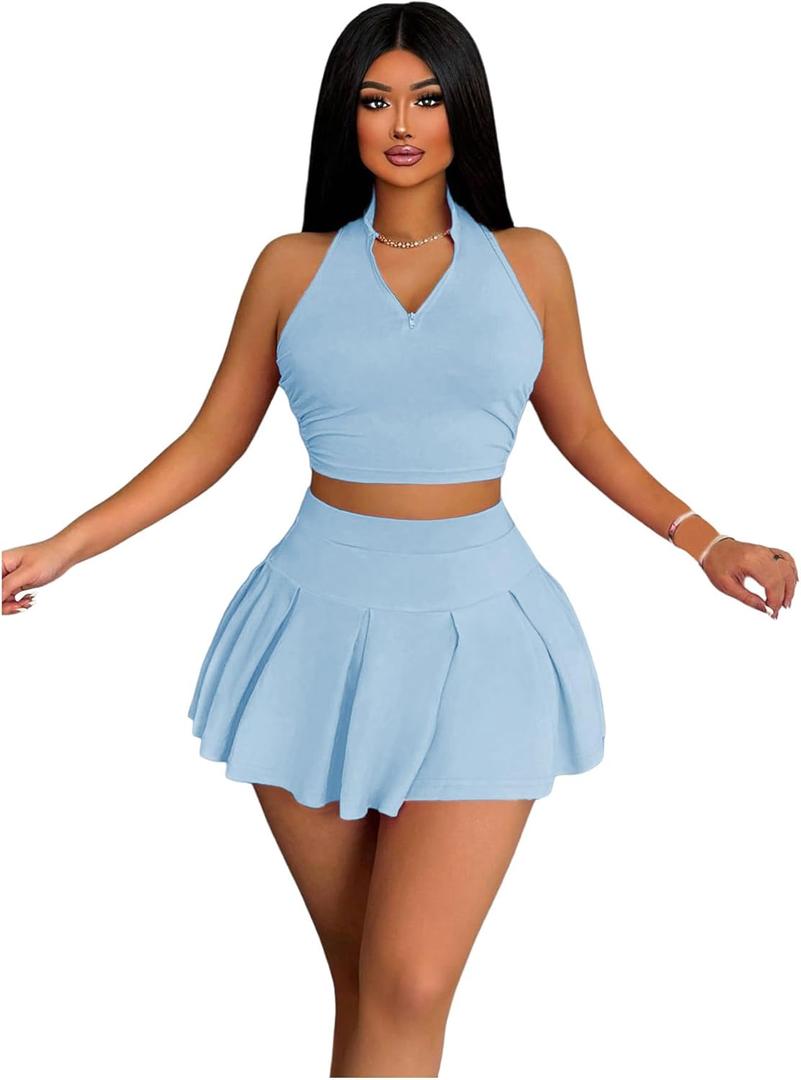RoseSeek Women's 2 Piece Tennis Skirt Set Sleeveless Racerback Crop Tank Tops High Waisted Pleated Mini Skirt Outfits Pure Blue Large