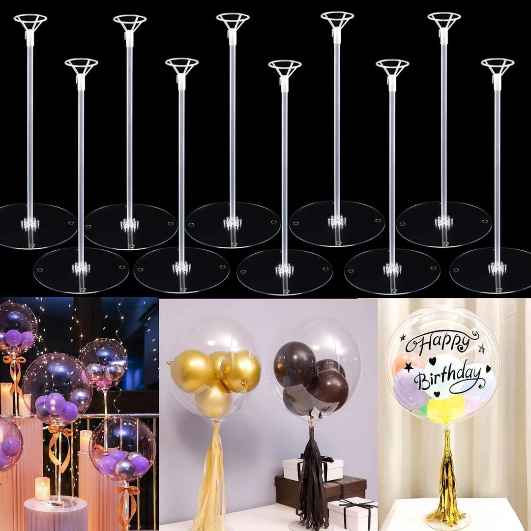 Balloon Sticks with Base, 10 Pack 17"Tall Clear Balloon Stick Stands Holder for Table Top Centerpieces for 10 to 24 inch Balloons Banquet Decor for Birthday /Wedding / Thanksgiving /Bridal Shower Party