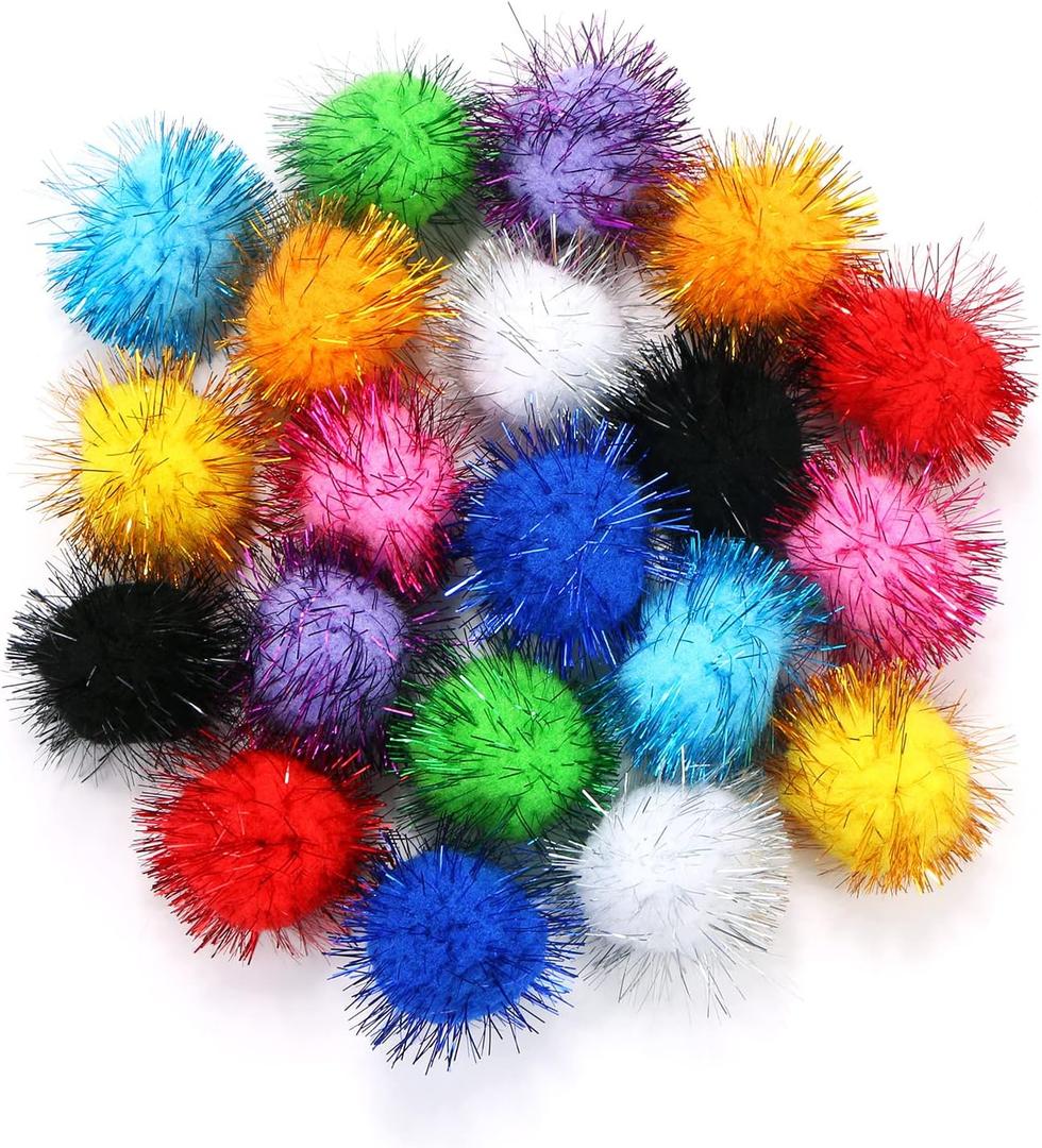 CABAX 1.8'' Assorted Color Sparkle Balls, Tinsel Pom Poms Puff Balls Glitter for Cat Kittens Toys DIY Christmas, 20 Pcs