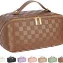Large Capacity Travel Cosmetic Bag  Portable Makeup Bags for Women Waterproof PU Leather Checkered Makeup Organizer Bag with Dividers and Handle,Toiletry Bag for Cosmetics, Brown