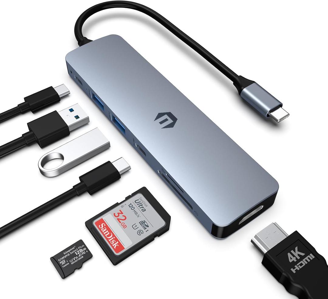 USB C HUB, 7 in 1 Hub Adapter, HDMI Output, 100W Power Delivery, USB C 3.0, Dual USB 3.0 Ports, SD and Micro SD Card Reader, Ideal for Dell XPS/HP/Surface Laptops and Other Type C Devices