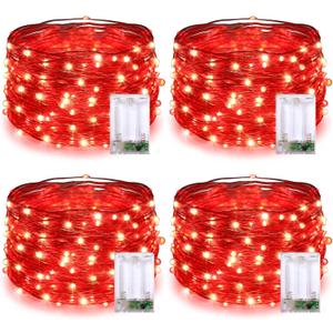 JMEXSUSS 4 Pack 50 LED Red Fairy Lights Battery Operated, 16.1ft Christmas Fairy Lights, Red String Lights for Bedroom Wedding Party Holiday Decorations