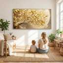 BirdSuite Gold Framed Golden Leaf Money Tree Wall Art, Luxury 3D Effect Canvas Print, Ready to Hang Wall Decor for Living Room Bedroom Office Dining Room Entryway, 58x29 Inch