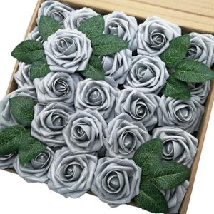 Jing-Rise Artificial Flowers 50PCS Real Looking Fake Roses with Stem for DIY Wedding Bouquets Centerpieces Party Baby Shower Home Decorations (Silver Grey)