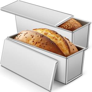 2 Pack 2 lb 13 x 4 Inch Pullman Loaf Pan with Lid Dough Capacity Bread Loaf Pan with Cover, Nonstick and Quick Release Coating for Home Bakeware Bread Toast Oven Baking(Silver)
