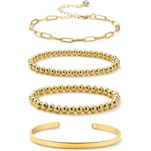 Starain Rose Gold Beaded Bracelets for Women Gold Beaded Ball Stackable Stretch Bracelet Gold Cuff Bangle Set