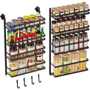8-Tier-Wall-Mount-Spice-Rack-Organizer W/ Adjustable Basket&Fence, Large Over The Door Spice Seasoning Shelf For Pantry Kitchen, Hanging Spice Organization For Cabinet Door, Bathroom Door Storage (Black)