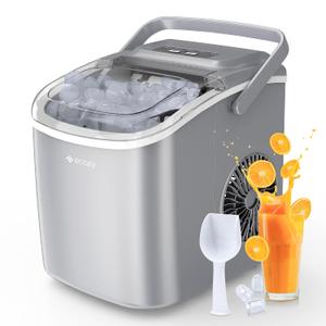 ecozy Portable Ice Maker Countertop, 9 Cubes Ready in 6 Mins, 26lbs in 24Hrs, Self-Cleaning Ice Machine with Handle/Ice Bags/Ice Scoop/Ice Basket, 2 Sizes Bullet Ice for Home Kitchen Office Bar Party (Grey)