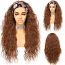 Glueless Loose Curly Headband Wig Long Curly Bright Brown Wigs for Black Women None Lace Front Wigs Natural Hairline Machine Made Wigs 130% Density 26 Inch