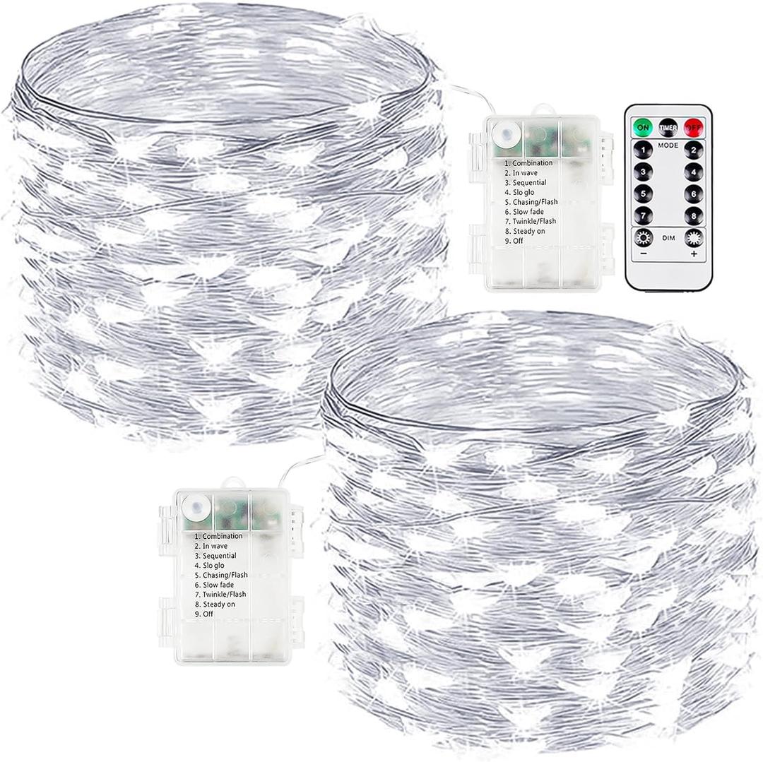 2-Pack Fairy Lights Battery Operated with Remote, Waterproof 33FT 100 LED Battery String Lights Outdoor Indoor, 8 Modes Twinkle Lights with Timer for Bedroom Wedding DIY Christmas Decor (Cool White)