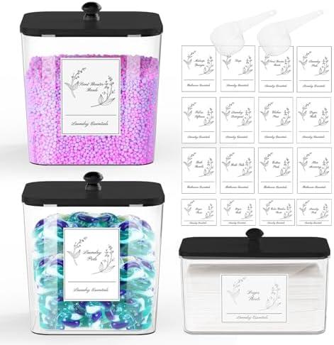 COAZEX 2 Pack Plastic Laundry Pods Container & Dryer Sheet Holder, Laundry Room Organization and Storage Jars with Lids, Scoops & Labels for Detergent, Powder, Scent Booster(Black Lid)
