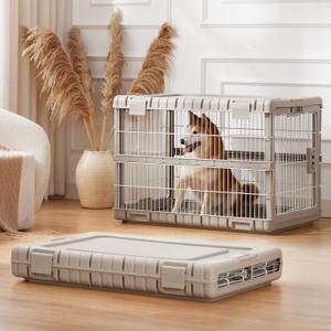 Collapsible Dog Crate for Large Dogs - 36" L Heavy Duty Dog Kennel No Tools Required with 4 Sides Steel Foldable Cage for Dogs Indoor, Portable Carrier with 2 Smooth Wheels for Travel (Beige)