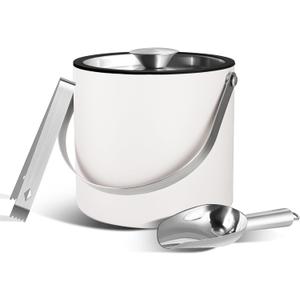 Bakpoco Insulated Ice Bucket with Silicone Lid, Scoop, Tongs & Strainer, 3L Stainless Steel Double Wall Ice Buckets for Parties & Cocktail Bar, Champagne Ice Bucket with Lid for Freezer, Ivory